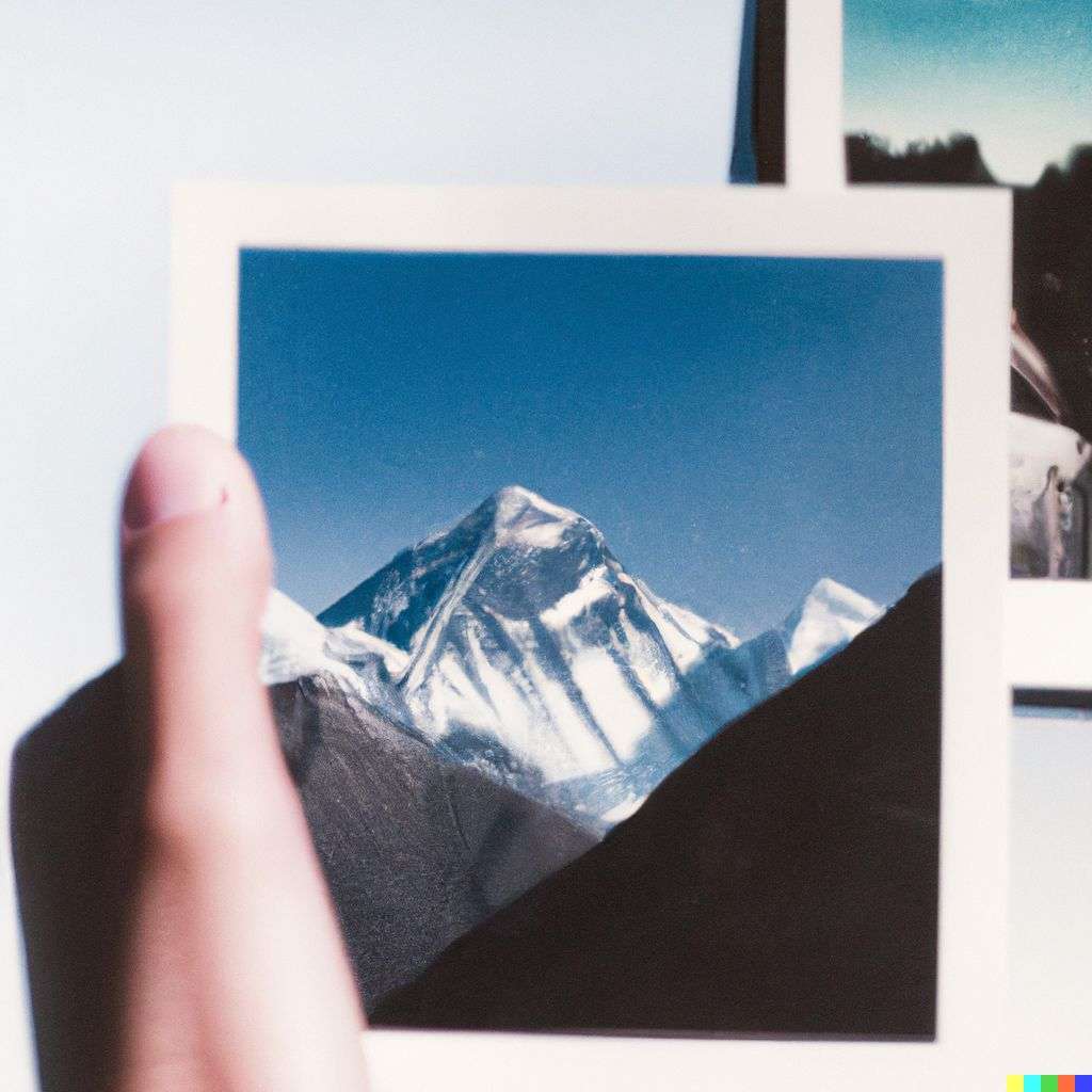 someone gazing at Mount Everest, photograph, Polaroid